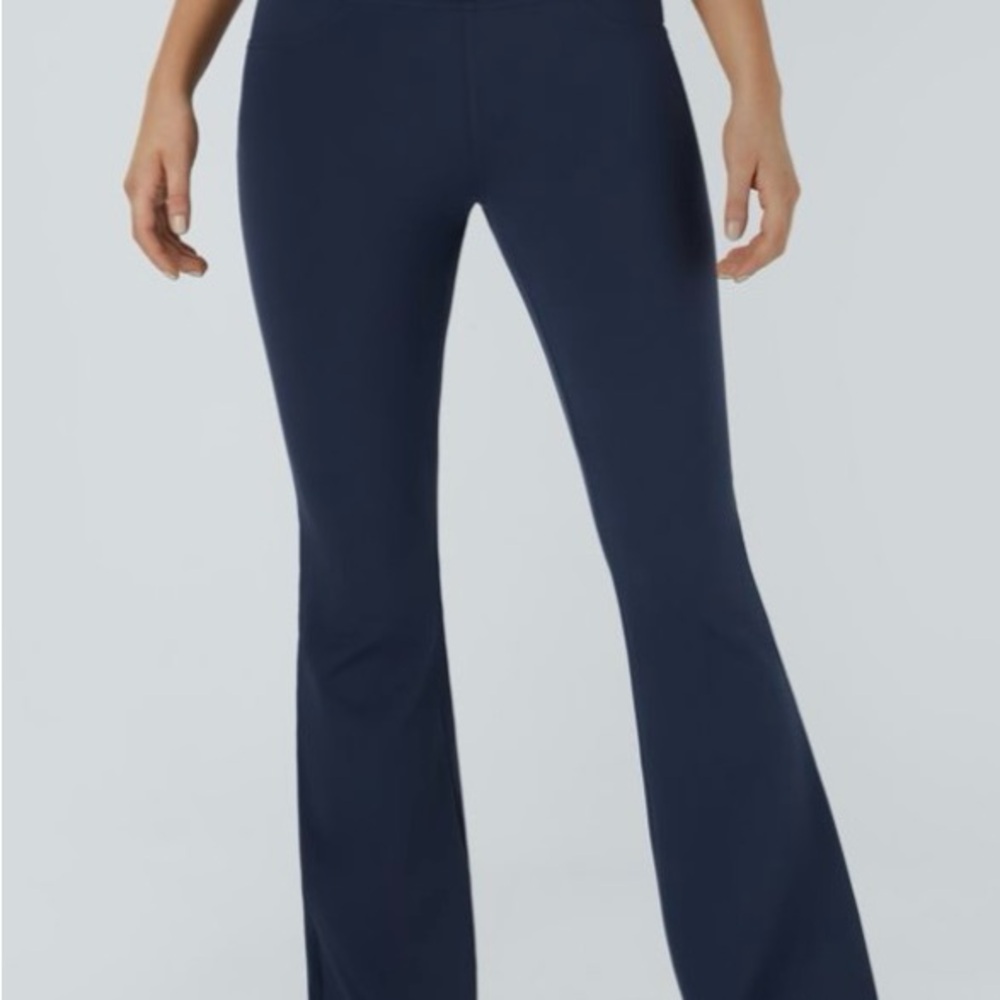 Blue Boot Cut Flare Pants with Wide Waistband and Smooth Stretchy Material